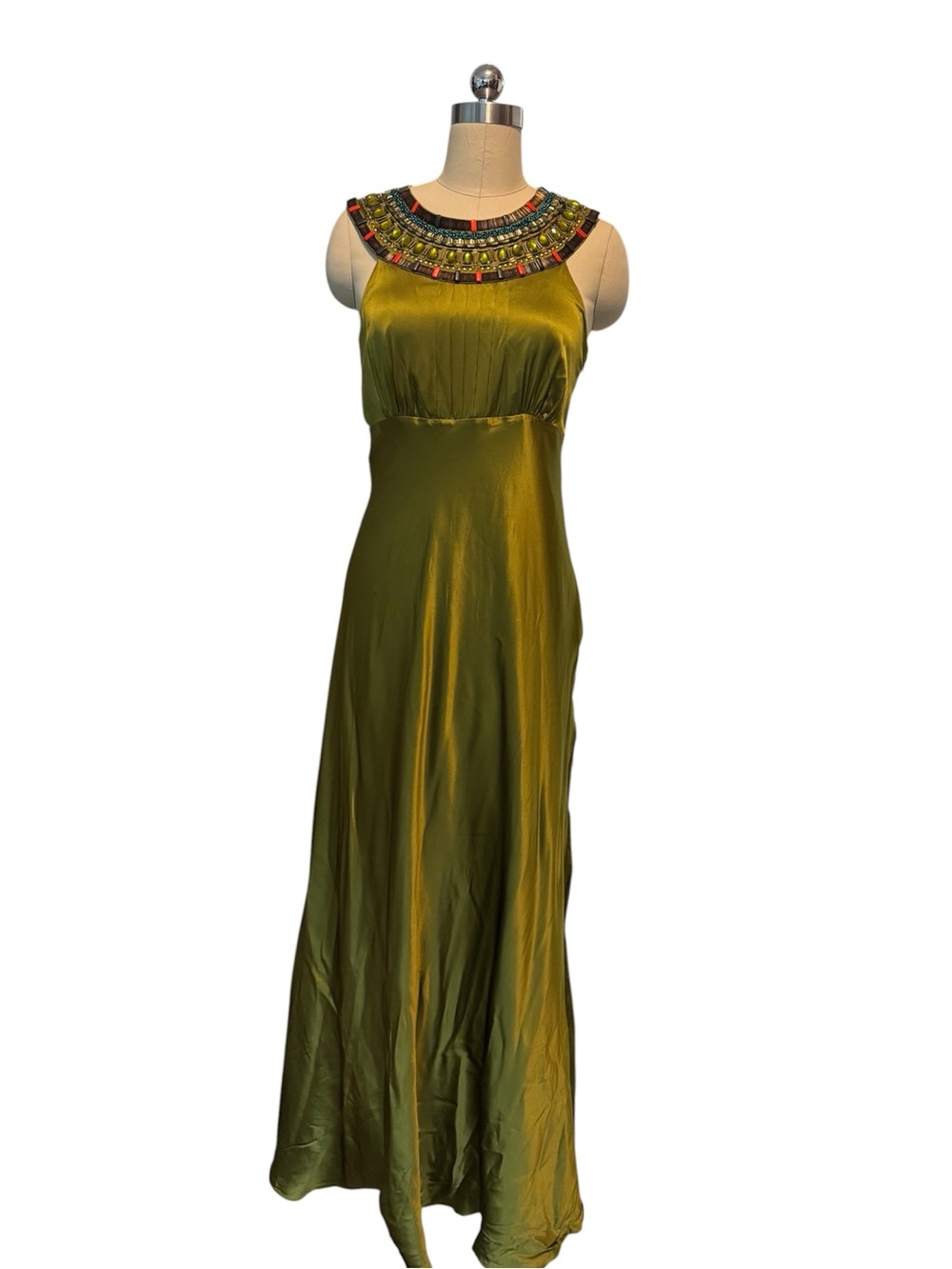 Monsoon Originals UK 10 Olive Green Beaded Cleopatra Neckline Gown